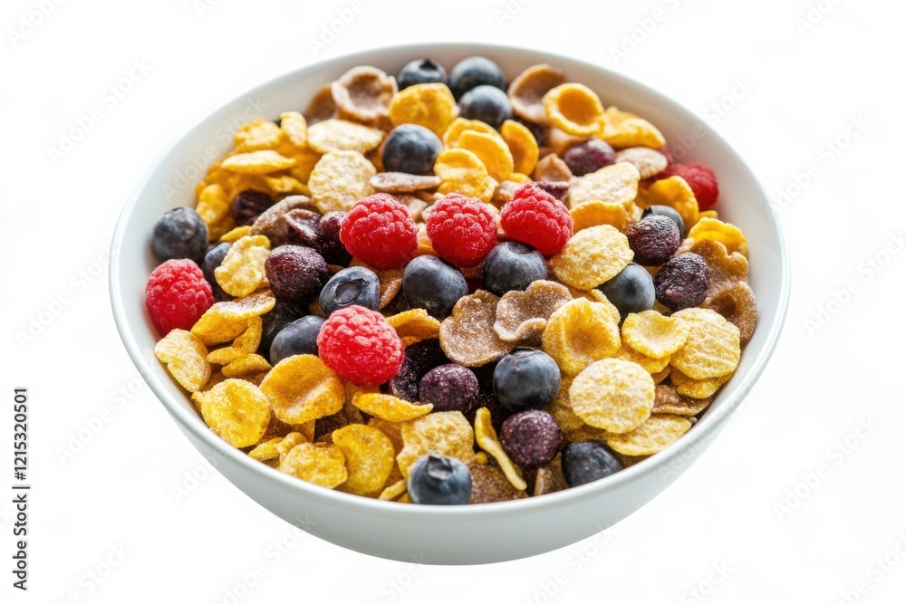 Freshly prepared cereal bowl filled with vibrant fruits and crunchy flakes on a clean white surface Freshly prepared cereal bowl filled with vibrant fruits and crunchy flakes on a clean white surface