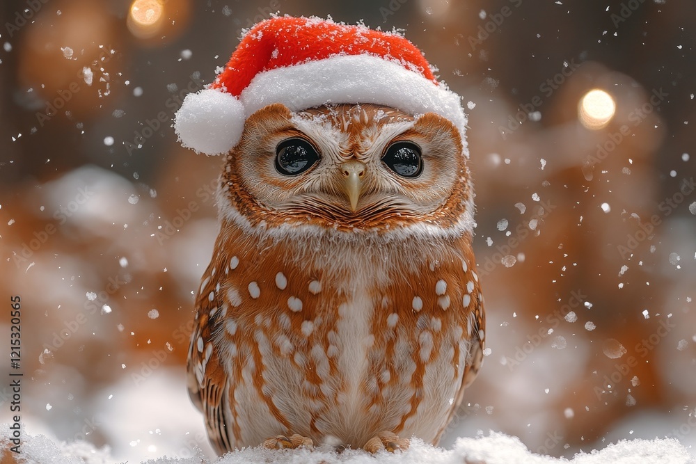 Christmas Wonderland Scene with Rufous Eastern Screech Owl in Santa Hat Christmas Wonderland Scene with Rufous Eastern Screech Owl in Santa Hat