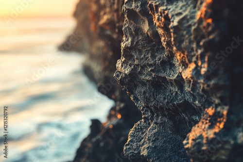 Close-up of rugged dark volcanic rock formations at sunset, ocean waves in the background.