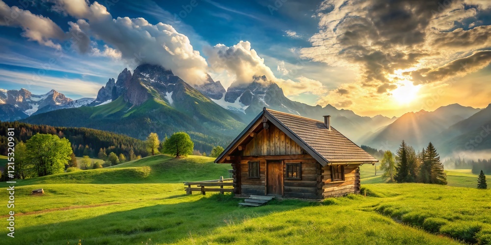 Fototapeta premium Rustic Wooden Cabin Mountain Meadow Landscape - Idyllic Rural Scene Stock Photo