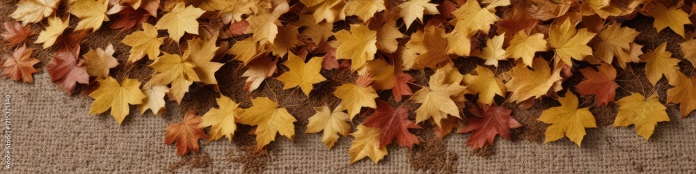 Fototapeta premium Dry fallen yellow maple leaves on a crunchy brown carpet, leaf drop, fall colors