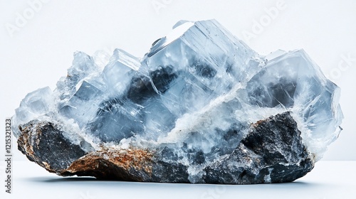 Blue calcite crystal cluster on rock, studio shot, white background, geology sample