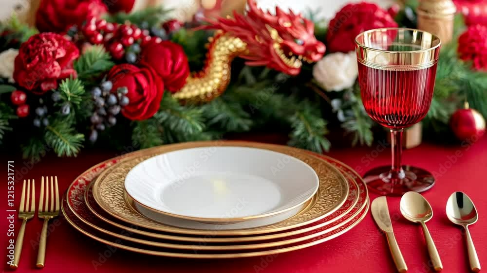 Elegant table setting adorned with Asian-inspired decor and festive dragon centerpiece, celebrating Lunar New Year Elegant table setting adorned with Asian-inspired decor and festive dragon centerpiece, celebrating Lunar New Year