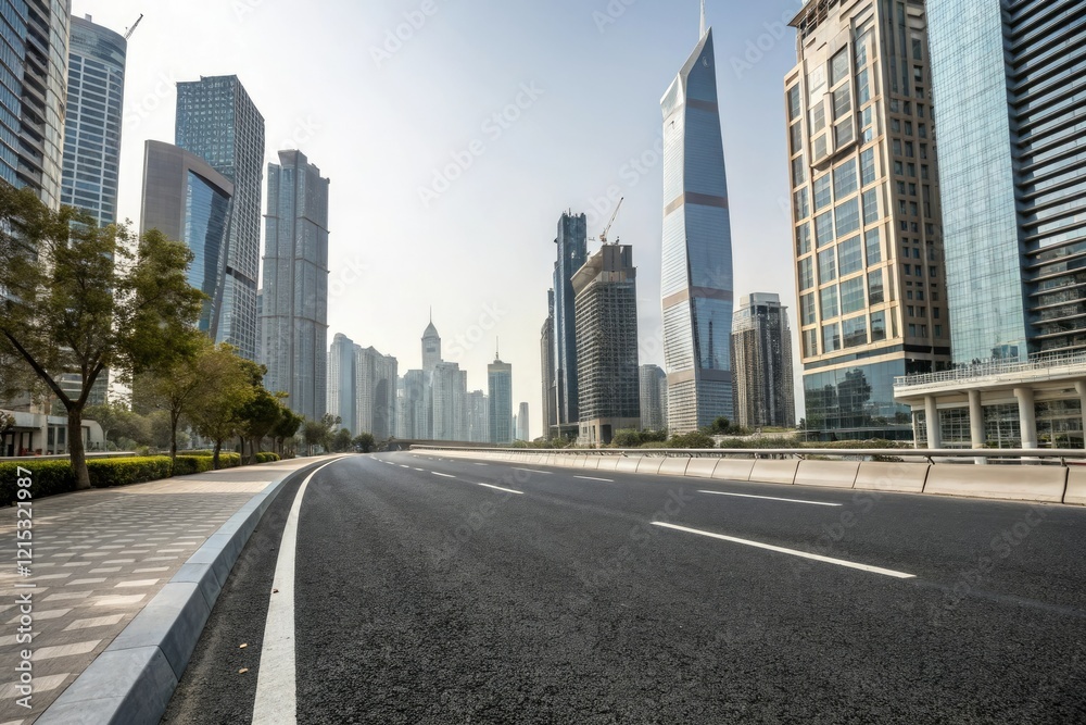 Empty asphalt road passing through the heart of a modern city amidst towering skyscrapers and office buildings, empty road, concrete highway, urban sprawl, high-rise buildings, steel and glass