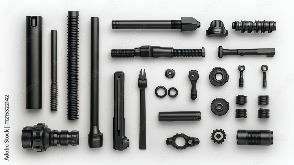 Fototapeta premium Black metal parts arranged on white background, showcasing precision engineering for industrial design