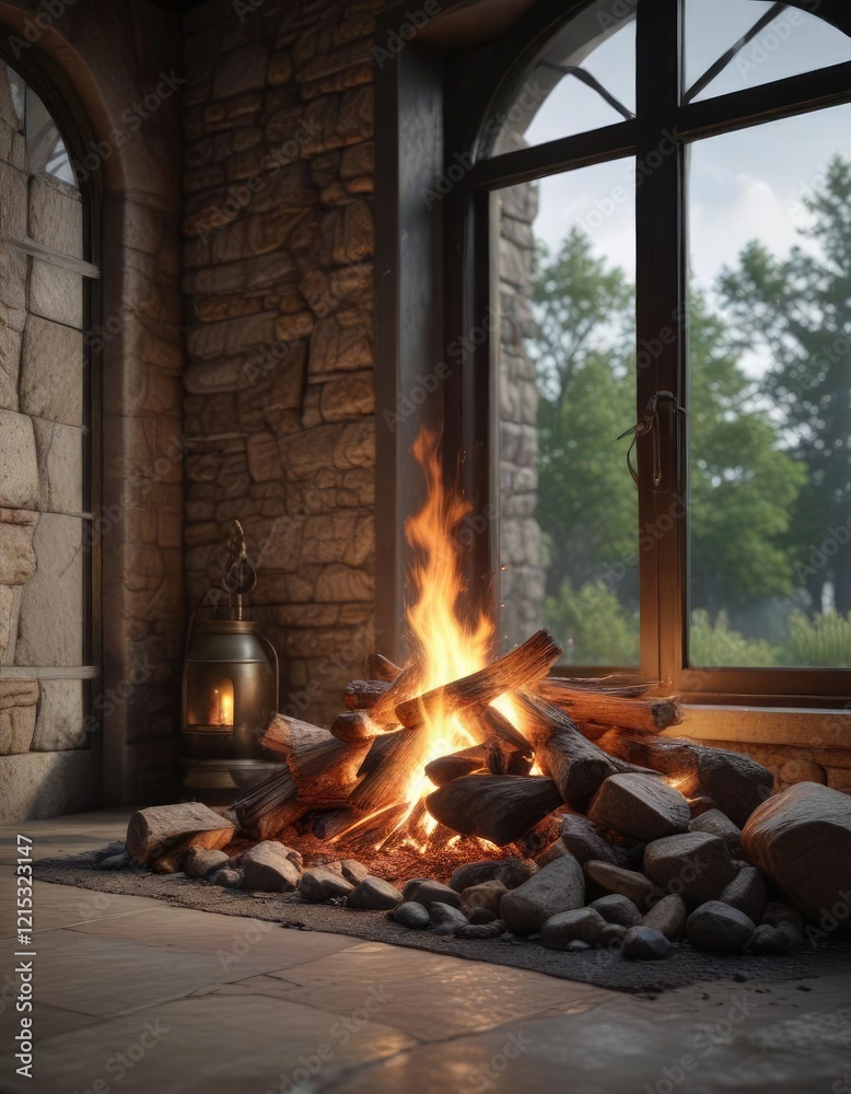 Fire crackling in a stone hearth beside a large window, stone, earthy Fire crackling in a stone hearth beside a large window, stone, earthy