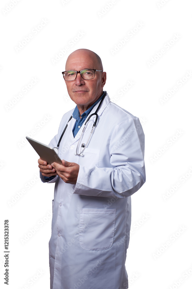 Senior doctor standing with a tablet, ready for medical consultation Senior doctor standing with a tablet, ready for medical consultation