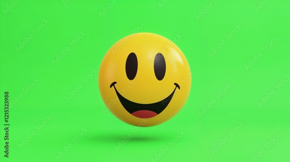 Fototapeta premium Yellow smiling emoji, emoticon with happy expression on bright green background