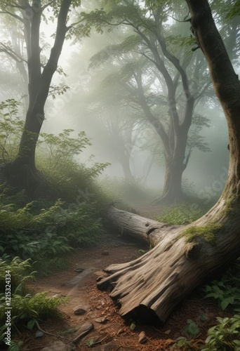 Fog rolling through the underbrush near a fallen hornbeam trunk, tree, hornbeam photo