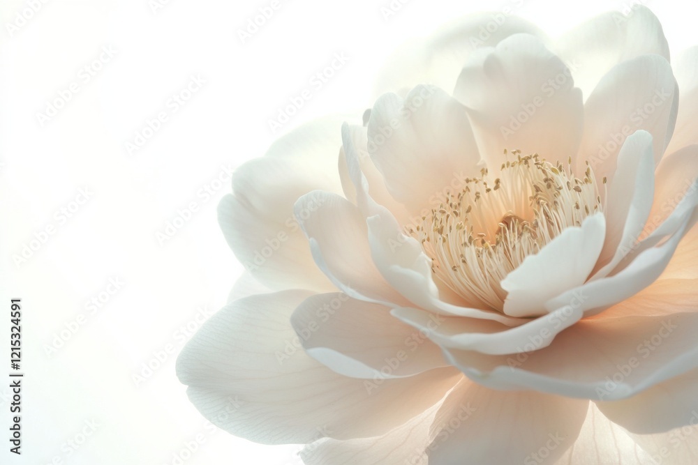 Beautiful camellia flower showcasing delicate petals and captivating details against a crisp white backdrop Beautiful camellia flower showcasing delicate petals and captivating details against a crisp white backdrop