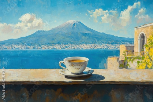 Cup of coffee with view on Vesuvius mount