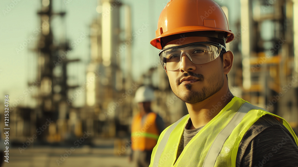 Fototapeta premium copy space, hispanic worker with safety vest and hardhat on an industrial site, chemical plant, face visible, other workers in background. Hispanic engineer with hardhat on chemical factory, latin wor