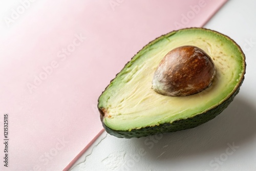 Fresh half avocado on a soft pink and white ombre gradient background, foodphotographytips, avocadokitchen, photo