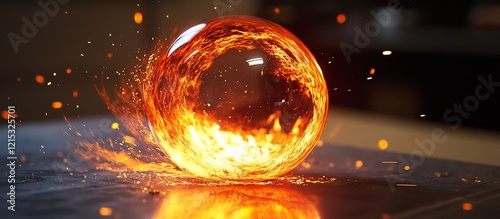 Fiery orb rolling on dark surface, sparks fly, background blurred