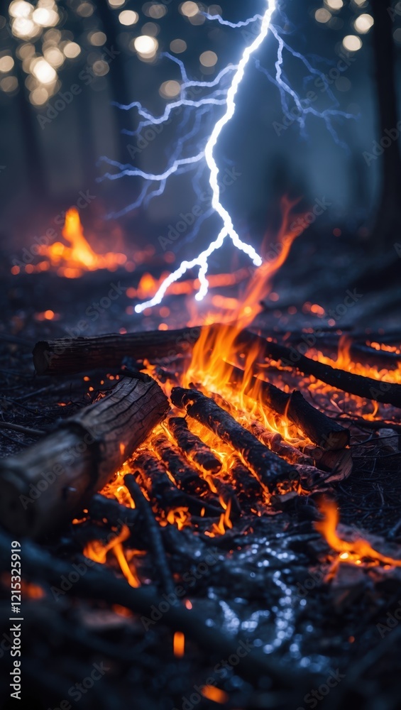 Flames and Lightning in a Dark Forest Scene Flames and Lightning in a Dark Forest Scene