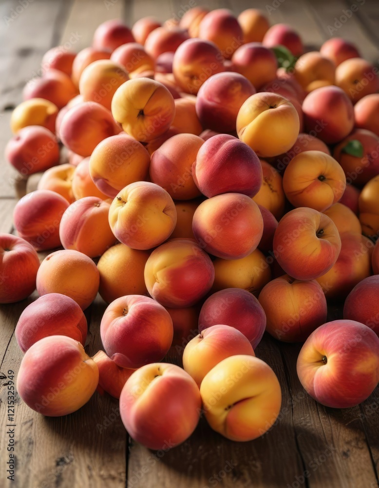Freshly picked peaches piled high on a wooden table, table, juicy Freshly picked peaches piled high on a wooden table, table, juicy