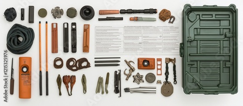 Emergency Kit Contents Laid Out on White Background photo