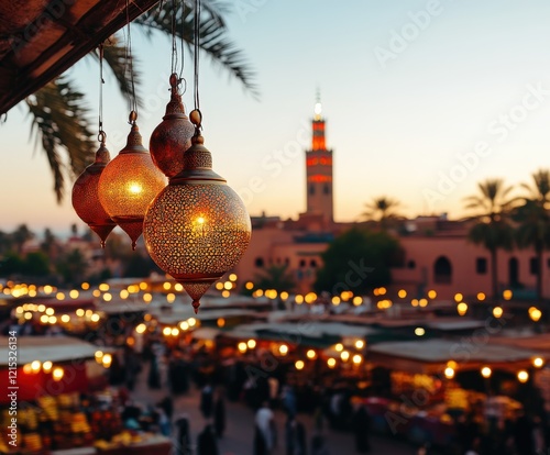 Charming moroccan lanterns overlooking vibrant evening bazaar
