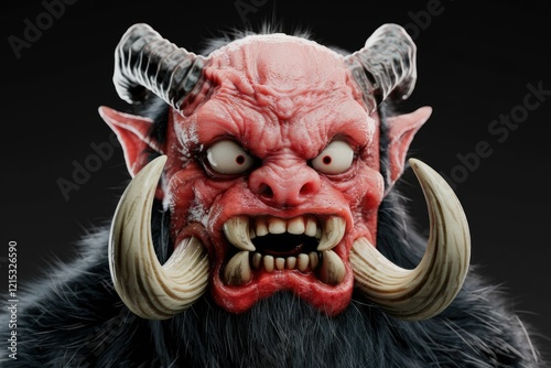 A fearsome, red-skinned oni with large tusks and horns, a creature of Japanese mythology. photo