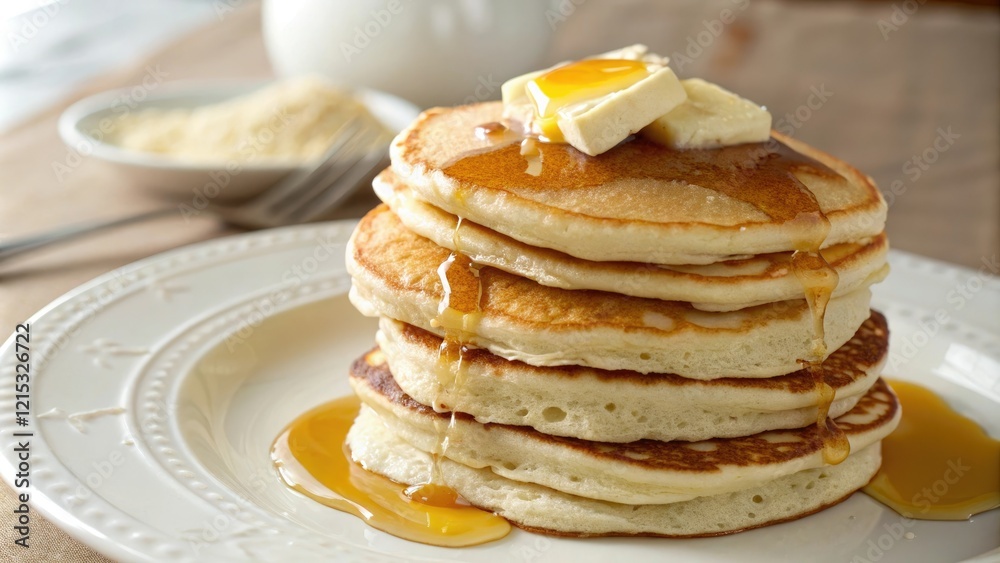 Fluffy stack of golden pancakes with a generous helping of melted butter on top, butter, pancakes, food, breakfast, yellow Fluffy stack of golden pancakes with a generous helping of melted butter on top, butter, pancakes, food, breakfast, yellow