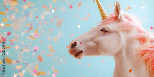 Pink unicorn with a golden horn amidst falling confetti. A magical, whimsical scene perfect for celebrating birthdays, parties, or adding a touch of fantasy to your projects. photo