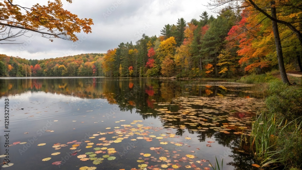 Obraz premium forest lake with autumn leaves floating on the surface, forest lake, leaf fall, natural beauty, reflection in water, trees reflected