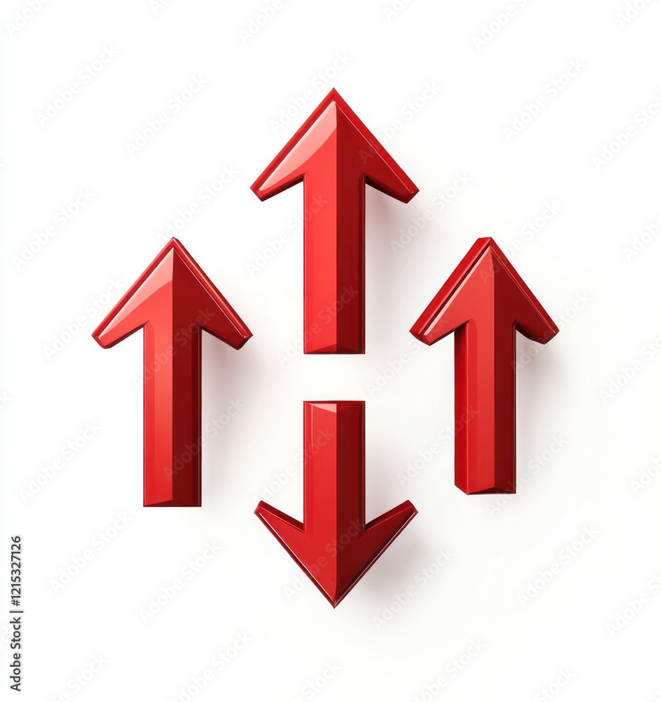 Red arrows in 3D, vector set pointing both up and down. Red arrows in 3D, vector set pointing both up and down.