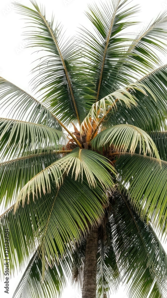 Fototapeta premium Coconut tree with green leaves and brown textured trunk isolated on white background, white background, summer, paradise