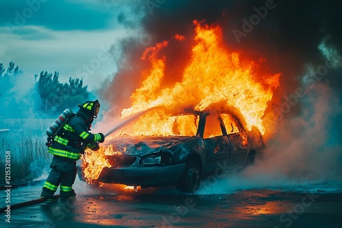 Fierce flames engulfing vehicle as brave firefighter fights the blaze at dusk