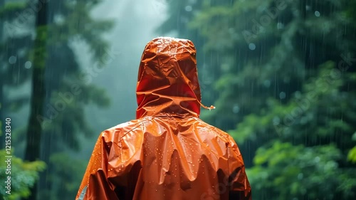  A person walking and wearing an orange rain coat in the rain