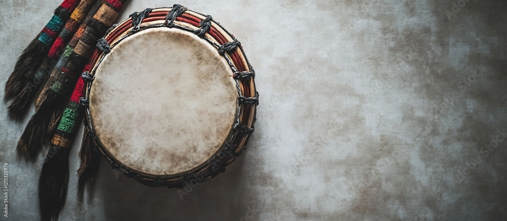 Hand drum, colorful tassels, textured background, music, design Hand drum, colorful tassels, textured background, music, design