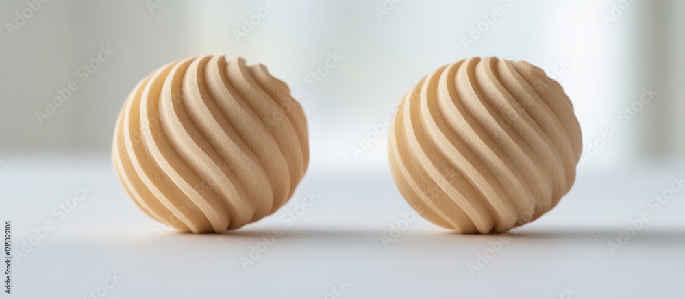 Two spiral beige spheres on white, blurred background; product display Two spiral beige spheres on white, blurred background; product display