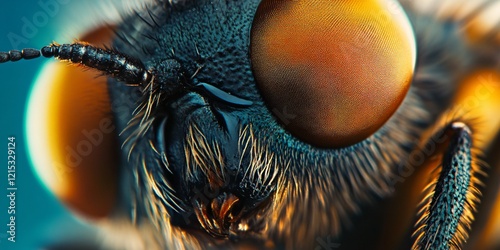 Close up of a bug's face with its eyes open. The bug has a black head and a yellow body photo