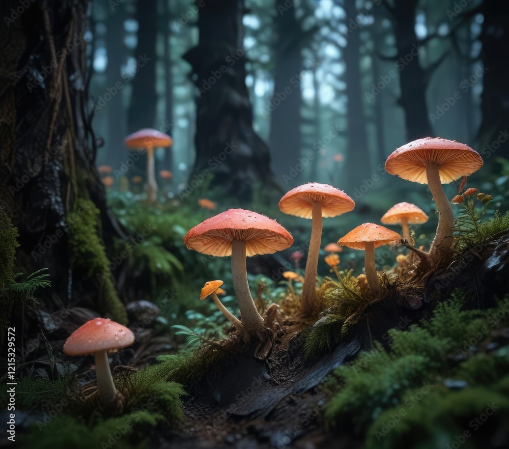 Fungal caps glowing softly in the dark forest, forest ecosystem, woodland ambiance Fungal caps glowing softly in the dark forest, forest ecosystem, woodland ambiance