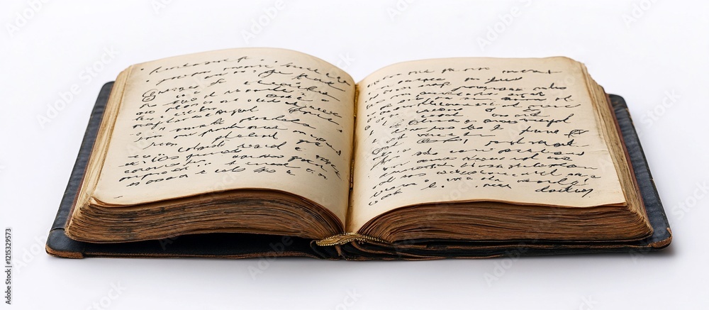 Fototapeta premium Antique book open, handwritten text, white background, history study