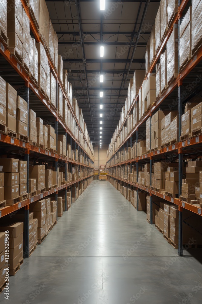 a warehouse with rows of boxes and shelves