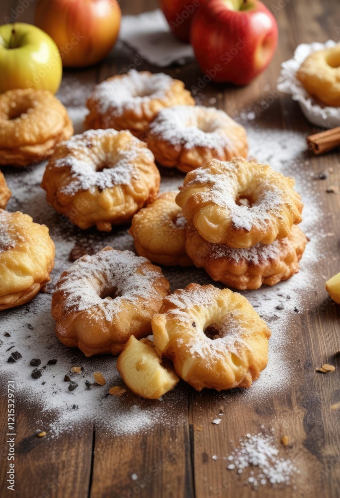 Crispy apple fritters scattered on a wooden table with golden brown batter and crunchy powdered sugar , powdered sugar, mint, dessert Crispy apple fritters scattered on a wooden table with golden brown batter and crunchy powdered sugar , powdered sugar, mint, dessert