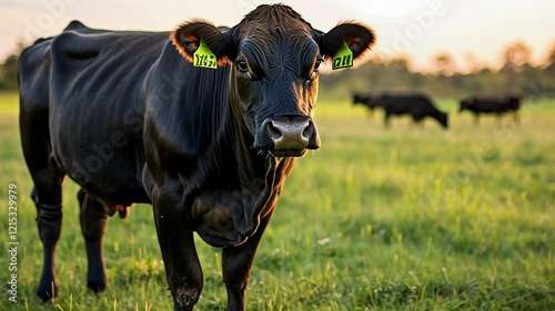 A black and white cow grazes peacefully in a lush green pasture, enjoying the rural landscape photo