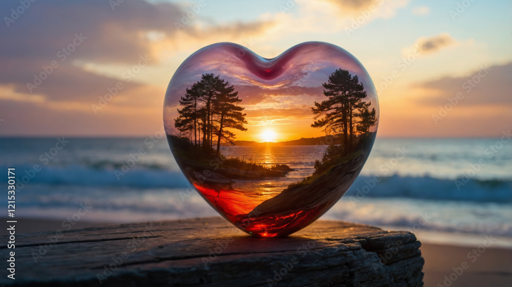 Obraz premium Heart-shaped glass captures serene sunset over tranquil beach landscape with silhouetted trees
