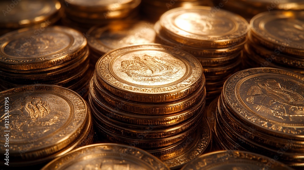 Close-up of stacked golden coins, illuminated, showing detail and texture. Close-up of stacked golden coins, illuminated, showing detail and texture.