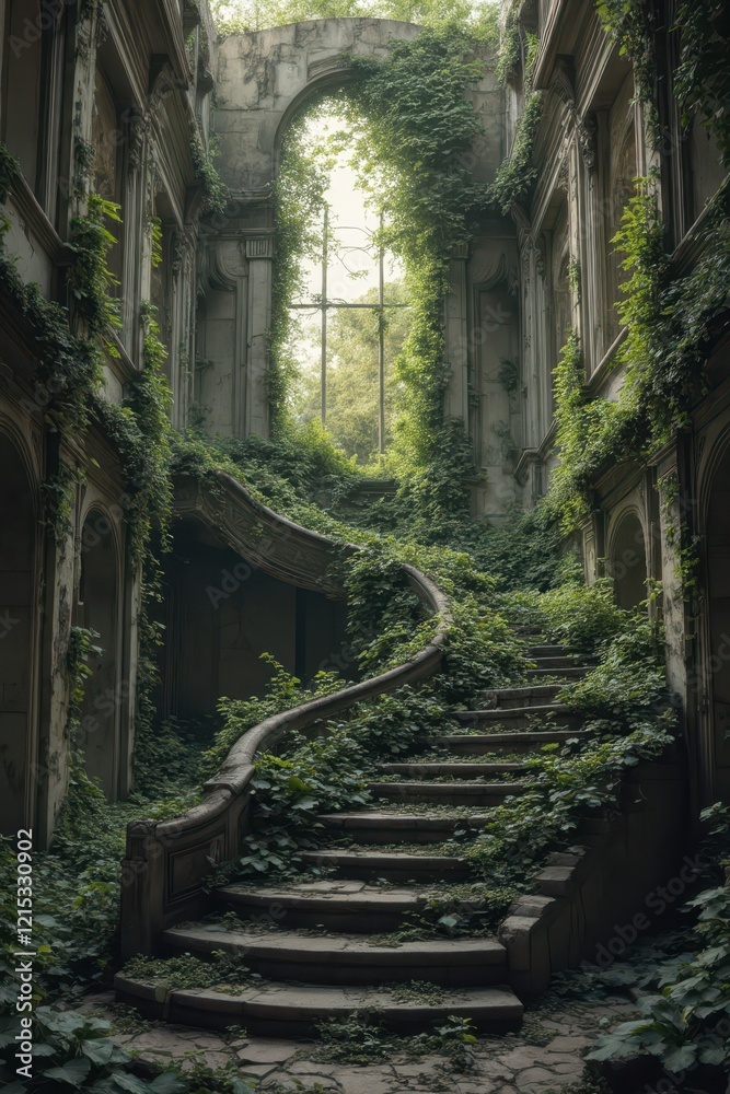 Naklejka premium the abandoned building is surrounded by vines and stairs