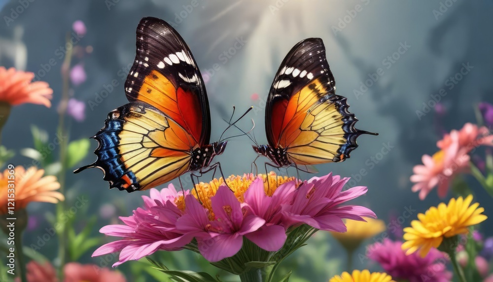 Naklejka premium Delicate butterfly sipping from a colorful flower , delicate, blooms