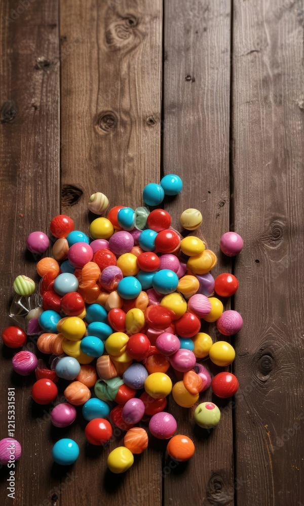 Obraz premium Colorful candy with shiny glaze on a wooden background, sugary treats, dessert table, colorful sweets