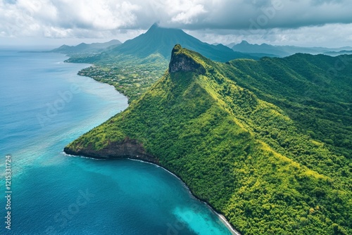 Gros Piton mountain peak in Saint Lucia Island. Aerial view of volcanic landmark. Clear blue ocean, sea, and sky in tropical paradise. Lush green plants, vegetation, and plants cover the island coast.