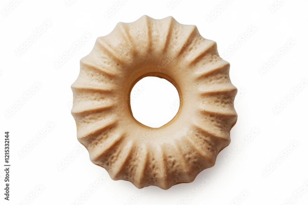 A light brown, ring-shaped pastry with a fluted texture. A light brown, ring-shaped pastry with a fluted texture.