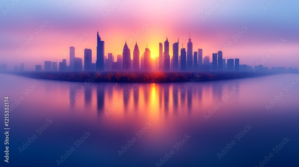 City Skyline Sunrise Over Calm Water Reflection City Skyline Sunrise Over Calm Water Reflection