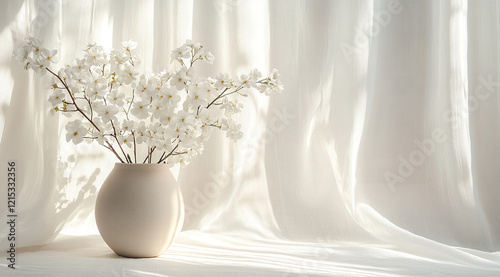 White flowers in a vase with soft sunlight through sheer curtains, peaceful atmosphere
