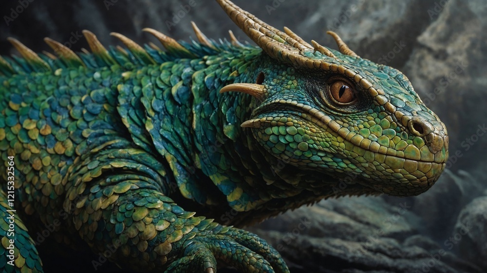 A mesmerizing basilisk, its scaly body shimmering in vivid shades of emerald and gold, its piercing gaze seeming to follow you wherever you stand. This acrylic painting captures the essence of danger A mesmerizing basilisk, its scaly body shimmering in vivid shades of emerald and gold, its piercing gaze seeming to follow you wherever you stand. This acrylic painting captures the essence of danger