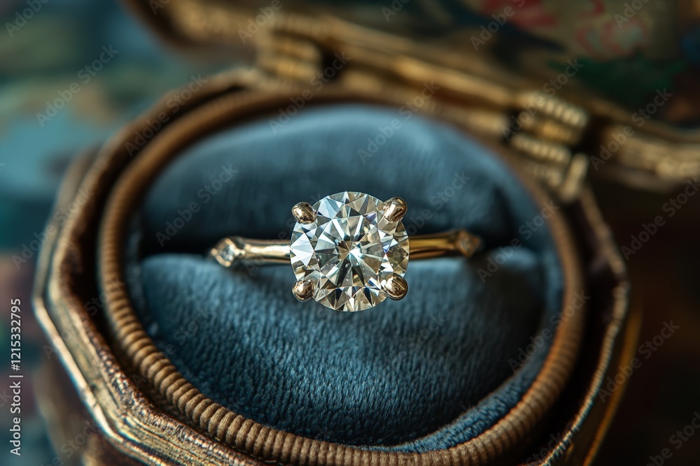 A stunning diamond engagement ring in a vintage-inspired jewelry box, exuding elegance and charm.