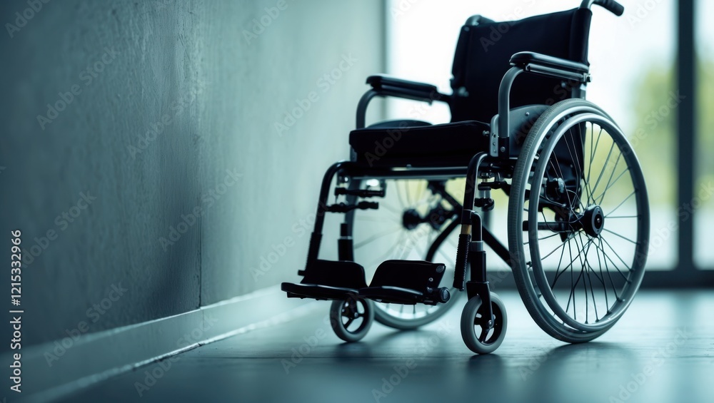 Empty Wheelchair in a Softly Lit Corridor Empty Wheelchair in a Softly Lit Corridor
